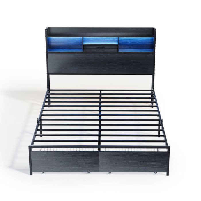 Ufurniture Bed Frame LED Lights Display Shelf Headboard & Charging Station with 2 Storage Drawers Metal Platform Bed Queen Size