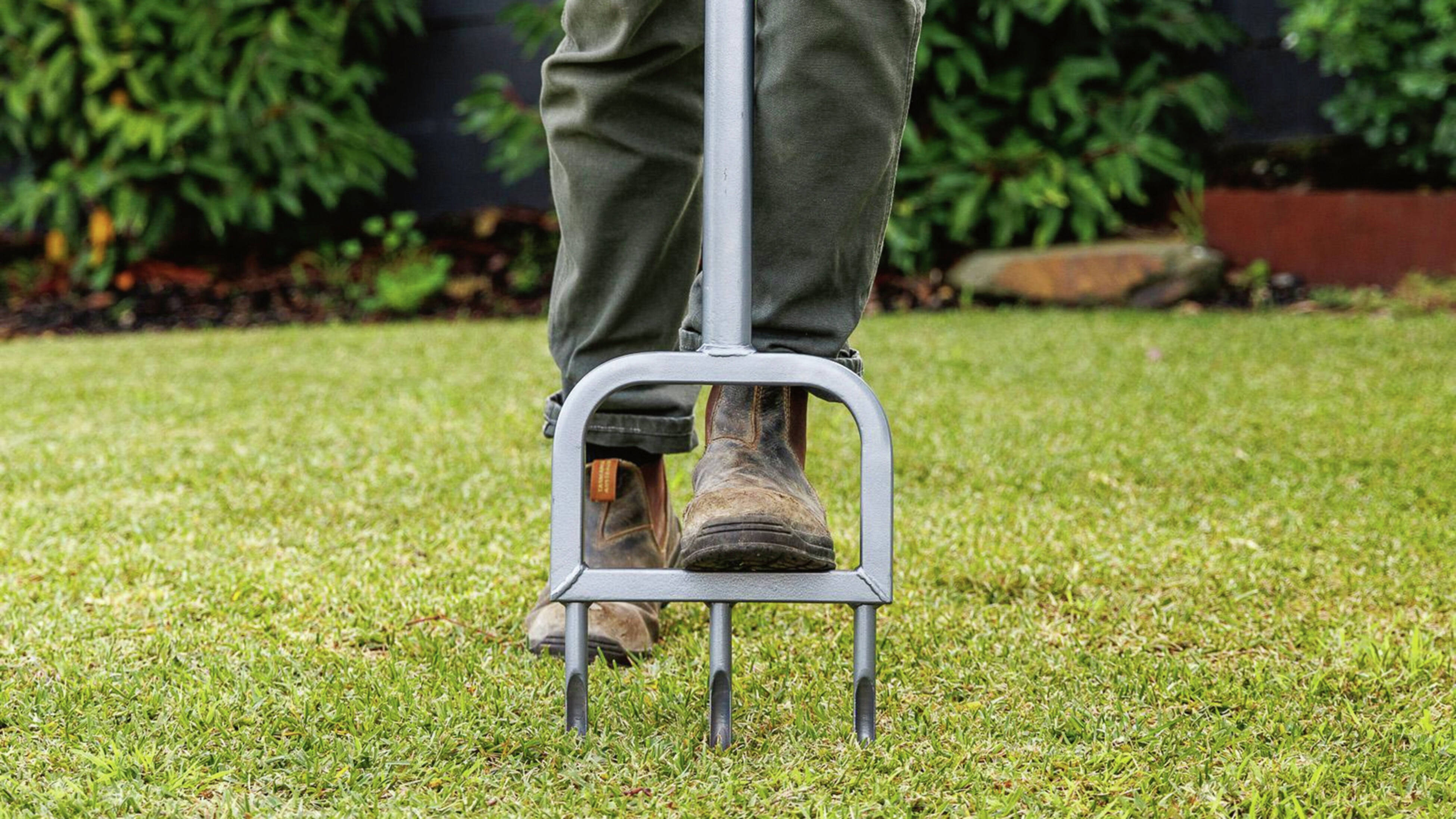  A person wearing tan work boots and dark green trousers is using a manual lawn aerator on a grassy lawn