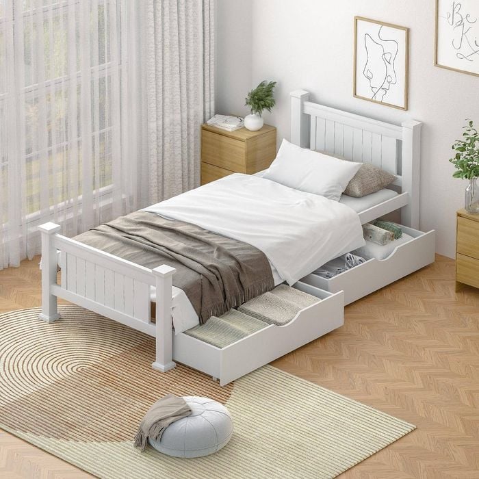Oikiture Solid Pine Wood Bed Frame With 2 Trundle Drawers Single