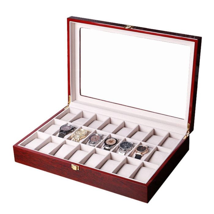 Catzon Watch Box Storage Case Wooden Jewellery Display Organizer-24slot