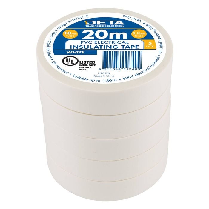 DETA 20m 18mm White Insulation PVC Tape - 5 Pack
