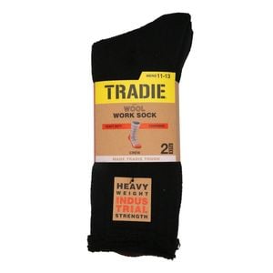 Tradie Men's Black Work Wool Crew Socks 2 Pack Size 11-13
