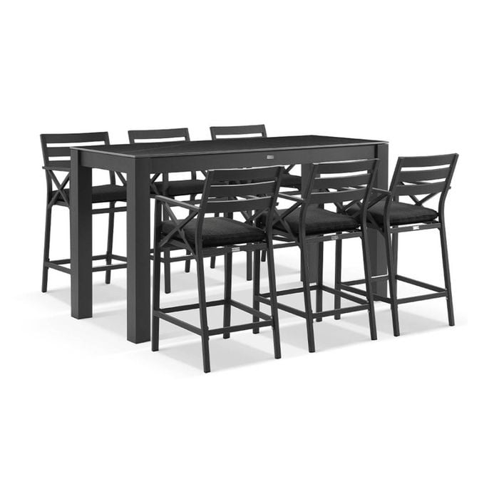 Hugo Rectangle Bar Table 6 Kansas Bar Stools Charcoal & Olefin Grey Cushions