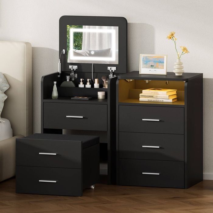 Alfordson 2x Dressing Table Stool Bedside Table Black