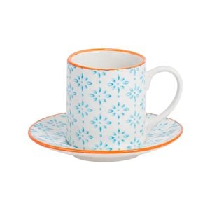 Nicola Spring Hand-Printed Espresso Cup and Saucer Set - Small Japanese Style Stoneware Coffee Mug - 65ml