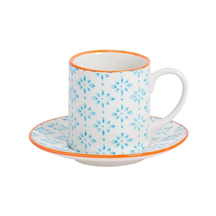 Nicola Spring Hand-Printed Espresso Cup and Saucer Set - Small Japanese Style Stoneware Coffee Mug - 65ml