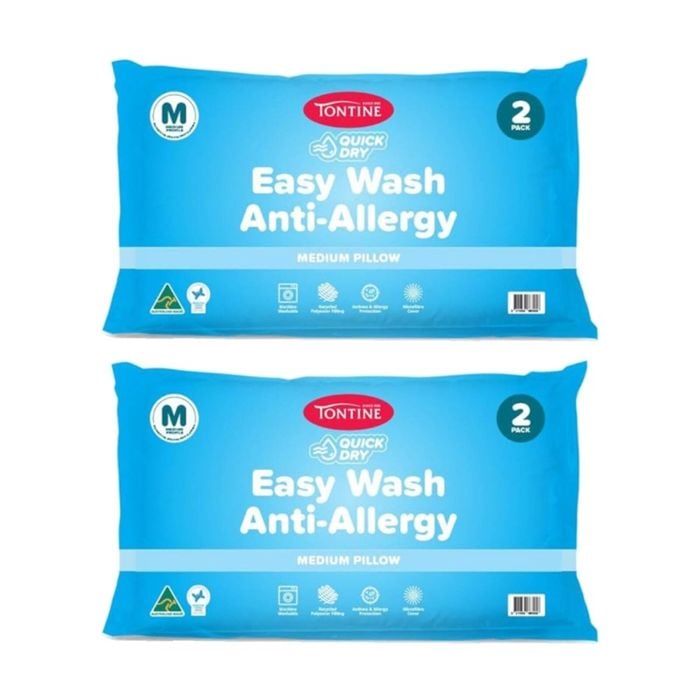 2x 2pc Tontine Quick Dry Easy Wash Anti Allergy Bedding Pillows Set Medium