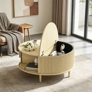 Ufurniture Round Coffee Table with Sliding Door & Flip Top 80cm Mid-Century Modern Storage Coffee Table Oak