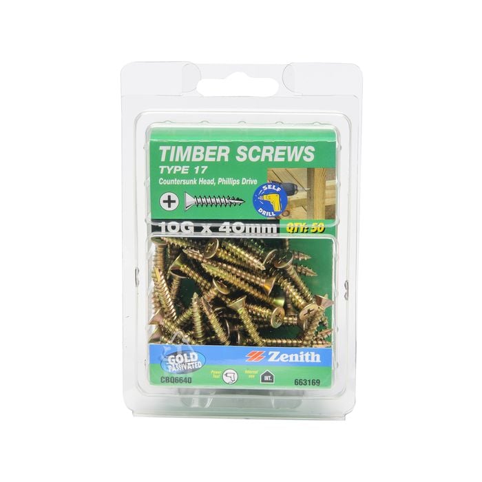 Zenith 10G x 40mm Gold Passivated Type 17 Countersunk Head Timber Screw - 50 Pack