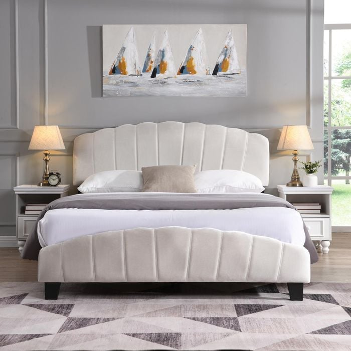 IHOMDEC Queen Size Shell-Style Bed Frame Base Mattress Platform BEF04 Beige