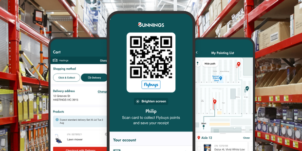 Bunnings App images on the front of 3 x mobile phones.