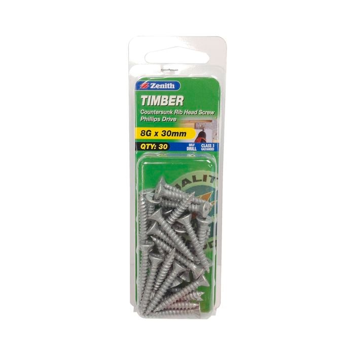 Zenith Timber Screw CSK Head  8gx 30mm 30pk Galv