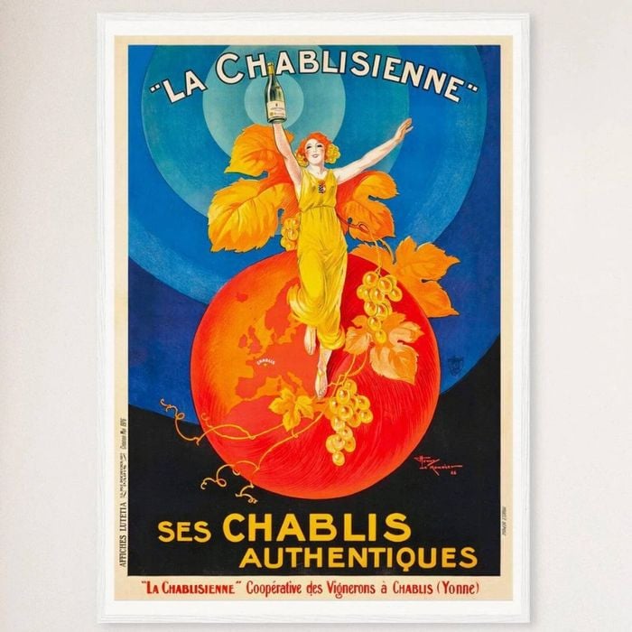 Galrie Elegant La Chablisienne Authentic Chablis Wine Vintage Poster for Home Decor, White Frame, 70 x 100cm (28 x 40inch)