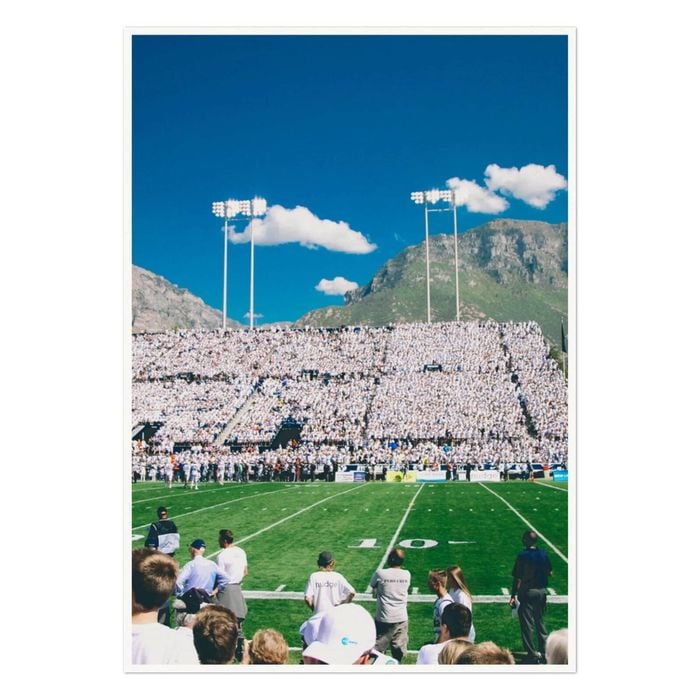 Galrie Stunning Football Stadium Art Print with Majestic Mountain View, Poster Only, 50 x 70cm (20 x 28inch)