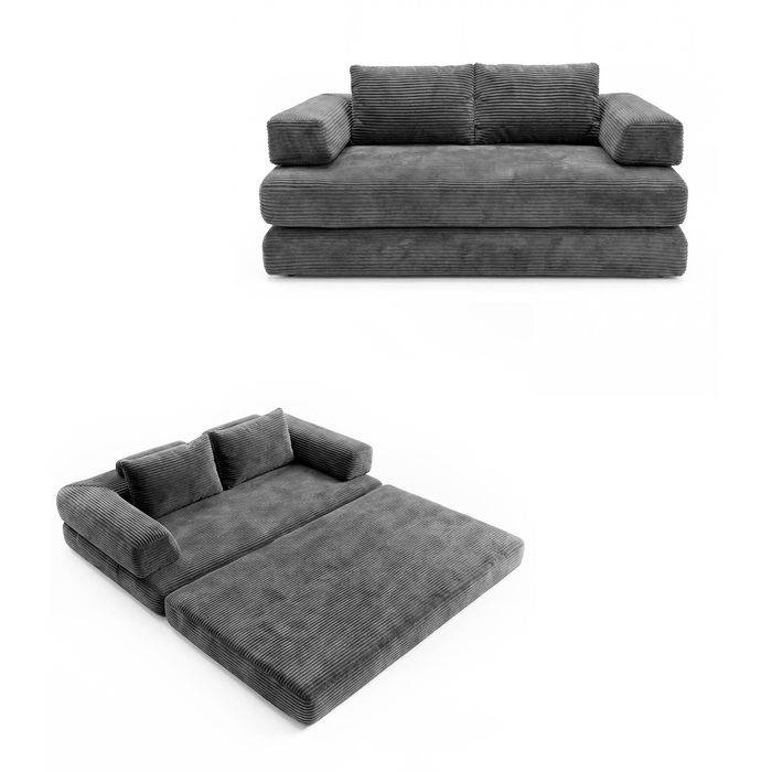 Ufurniture 153cm Convertible 2 Seater Sofa Bed W/ 2 Pillow & Side Pocket No Assembly Corduroy Loveseat Sofa Grey