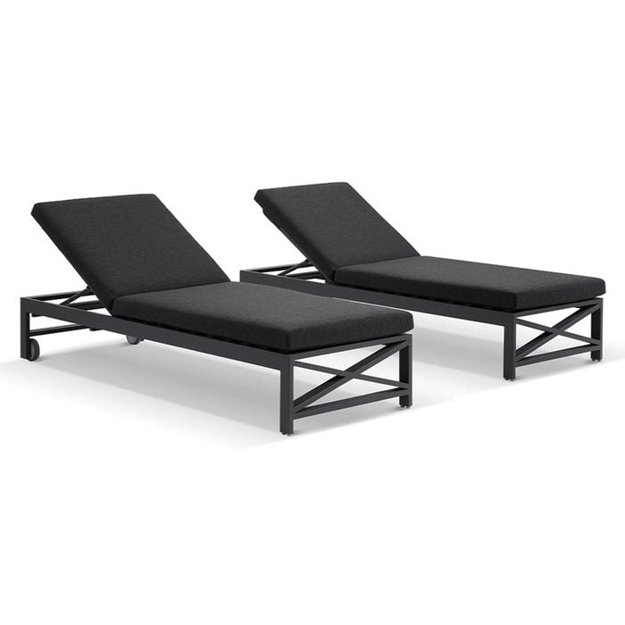 Kansas Outdoor Aluminium Sun Lounge Set On Wheels Charcoal & Denim Grey Cushions