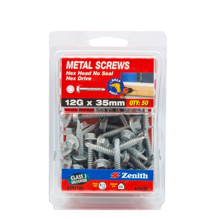 Zenith 12G x 35mm Galvanised Hex Head Metal Screws - 50 Pack