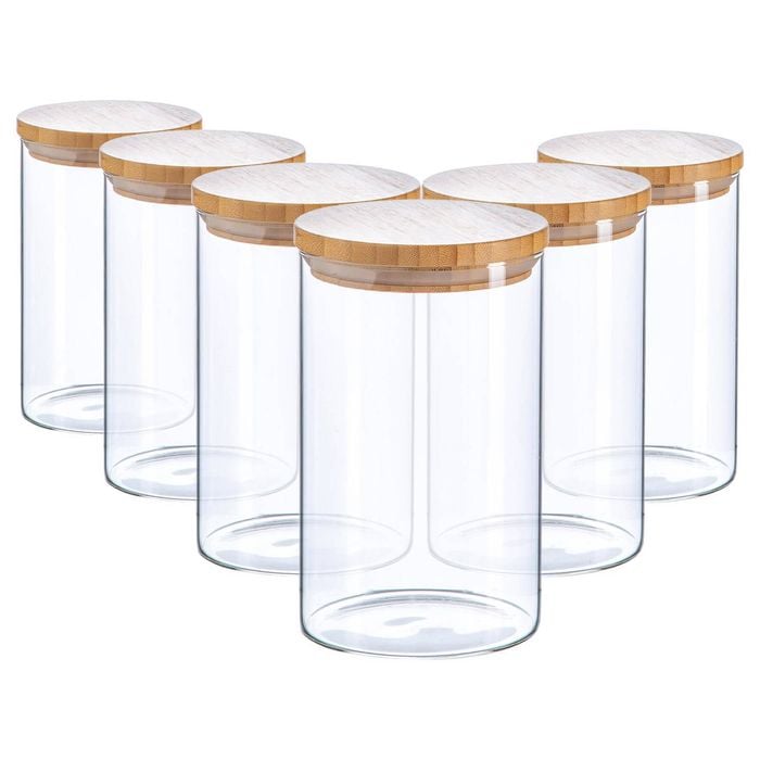 Argon Tableware Glass Storage Jar - Wooden Lid - 1l - Modern Round Scandi Organisation Container Glass Jar - Set Of 6