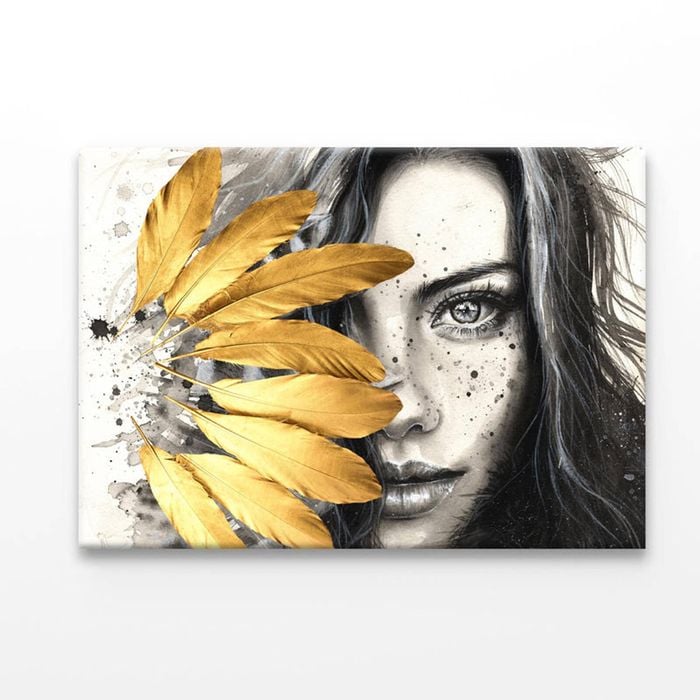Gold Feathers Girl  Print 100% Australian Made 120 x 90cm  (Acrylic)