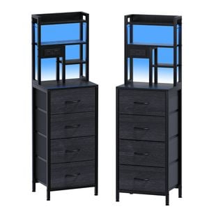 Advwin 2xTall Bedside Table with Charging Station And Led Lights, Nightstand with 4 Drawers Black