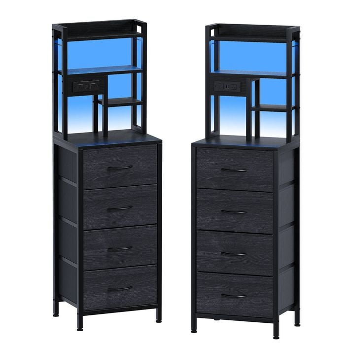 Advwin 2xTall Bedside Table with Charging Station And Led Lights, Nightstand with 4 Drawers Black