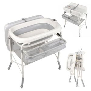 Advwin 2-in-1 Baby Bathtub & Changing Table w/ Wheels Adjustable Folding Diaper Station w/ Storage