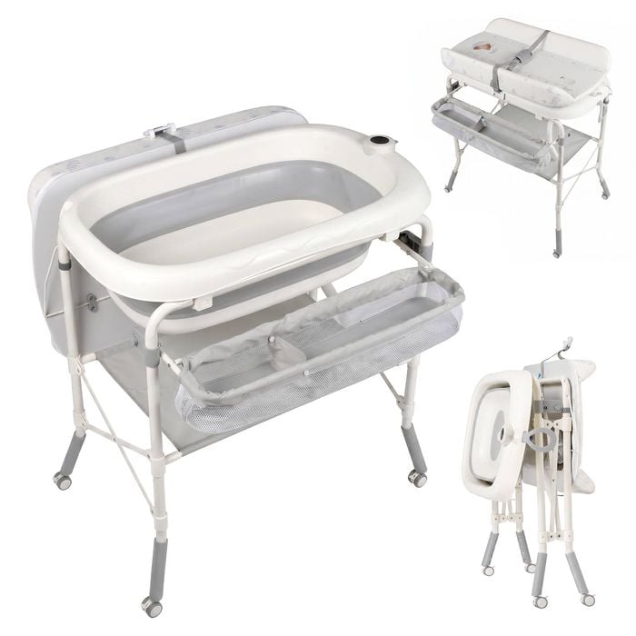 Advwin 2-in-1 Baby Bathtub & Changing Table w/ Wheels Adjustable Folding Diaper Station w/ Storage