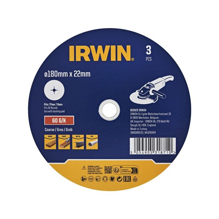 IRWIN 180mm 60 Grit Fibre Sanding Disc - 3 Pack
