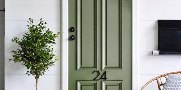 Olive green door on a white house. There is a plant, chair and a pair of boots on both sides of the door.