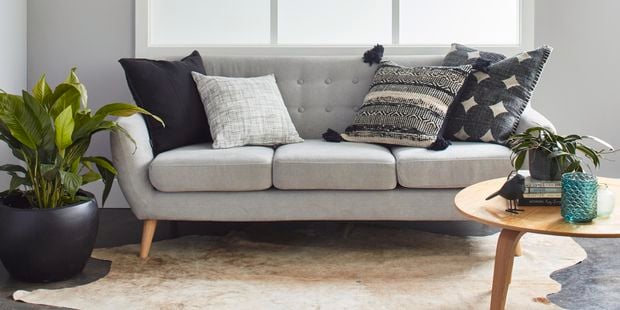 Lounge room with neutral grey and dark tones. There is an animal skin carpet on the floor, a couch, a plant, coffee table and a roller blind on the window.