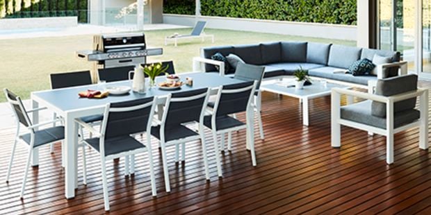 Outdoor furniture setting on a backyard deck