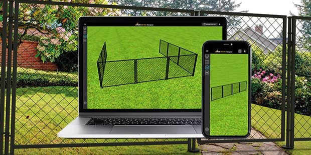 Laptop and phone displaying the PEAK No Dig Mesh Fencing Designer program