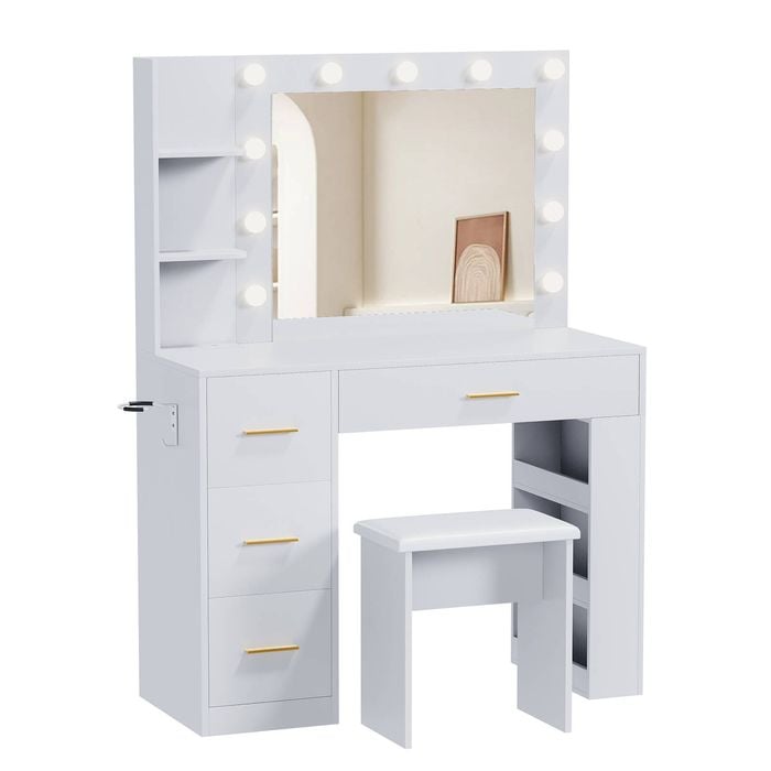 Advwin Vanity Desk with Mirror and 11 Bulbs Lights Charging Station White