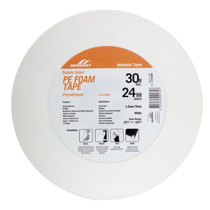 Moroday 24mm x 30m White Double Sided PE Foam Tape