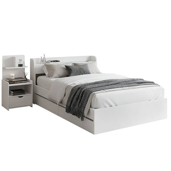 Artiss Bed Frame Single and Bedside Table White