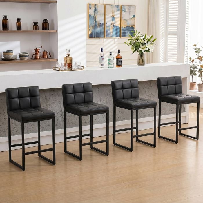 Advwin Set of 4 Bar Stools PU Leather Boucle Kitchen Counter Stools Dining Chair Black