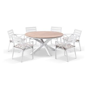 Tuscany 1.5m Aluminium And Teak Dining Table White With 6 Kansas Chairs & Heather Beige Cushions
