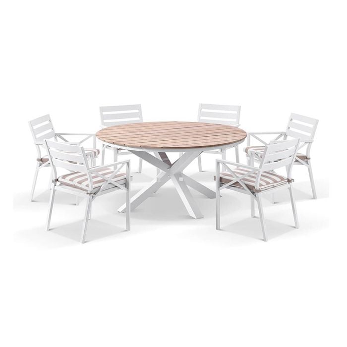 Tuscany 1.5m Aluminium And Teak Dining Table White With 6 Kansas Chairs & Heather Beige Cushions