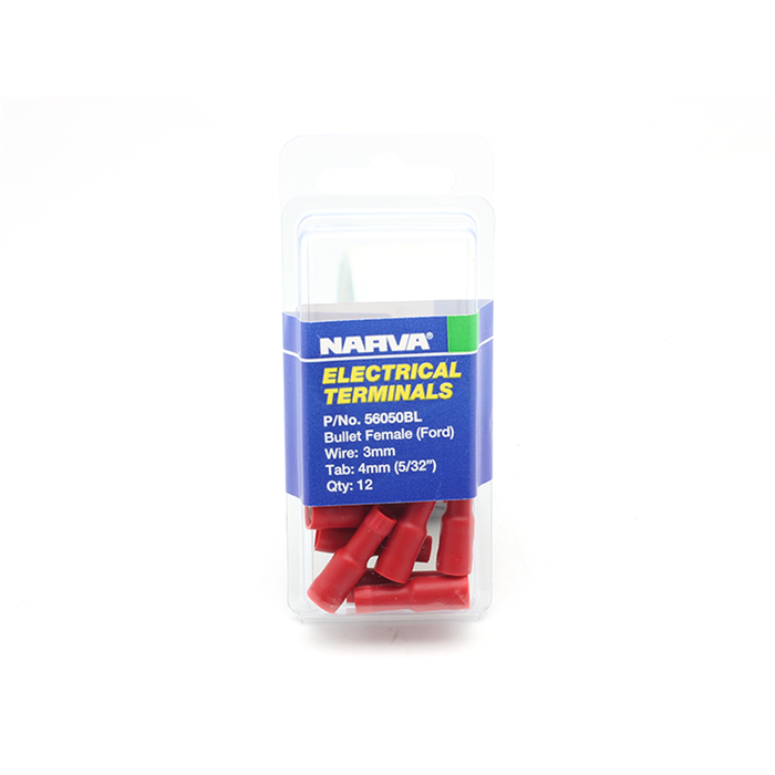 Narva 2.5-3 / 4mm 5/32" Red Double Crimped Flared Vinyl Insulated Female Bullet Terminal - 12 Pack