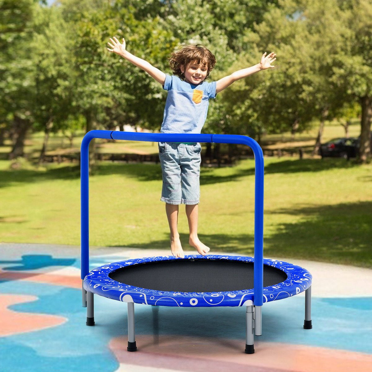 Costway 36 91cm Kids Mini Trampoline Fitness Rebounder Handrail security Padded Cover Home Gym Exercise Blue Bunnings Australia