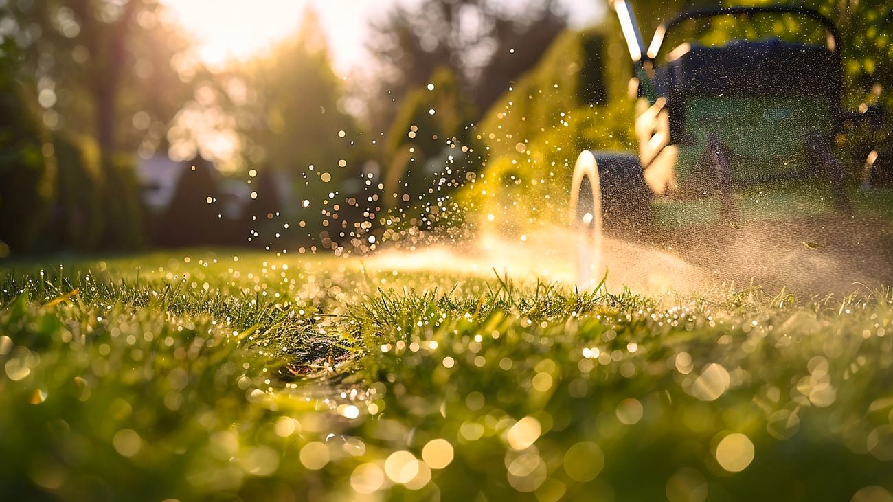 A close-up image of a lawn mower cutting wet, green grass with clear water droplets visible on a sunny day showcasing excellent turf preparation