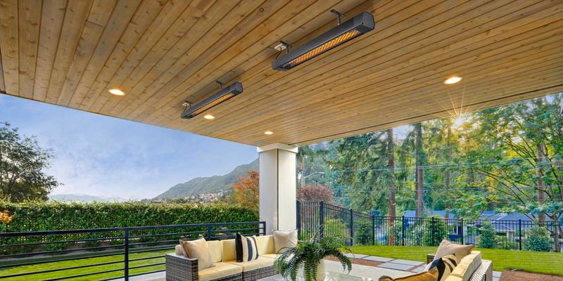Outdoor lounge area with strip heaters