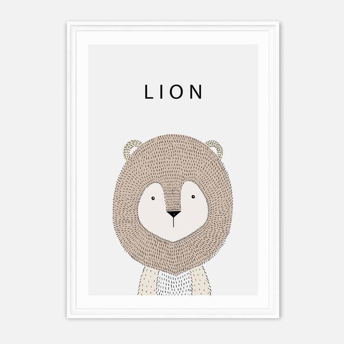 Galrie Charming Minimalist Lion Art Print for Kids' Room Decoration, White Frame, 50 x 70cm (20 x 28inch)
