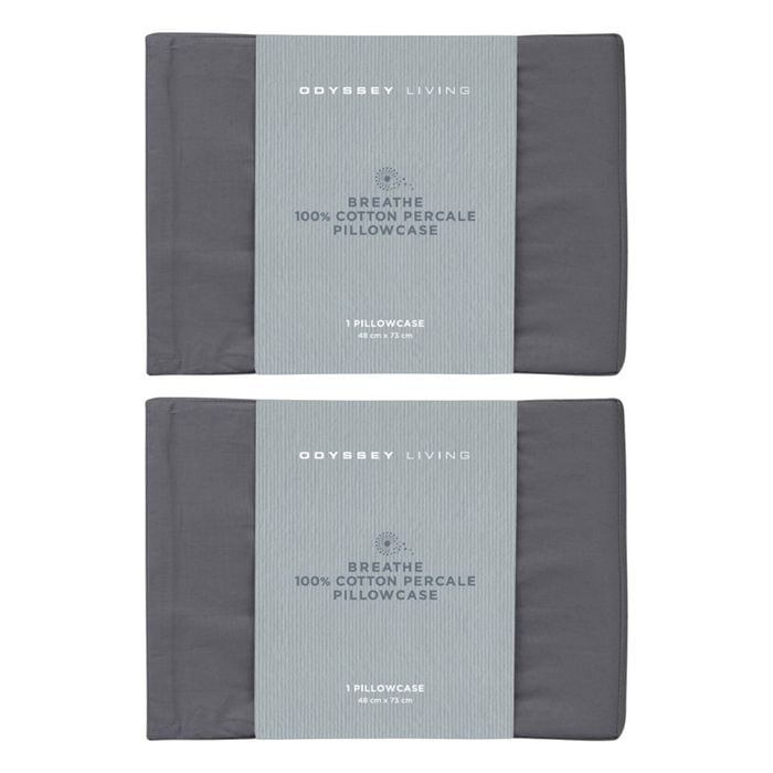 2x Odyssey Living Breathe Cotton Standard Pillowcase 48cm X 73cm Charcoal