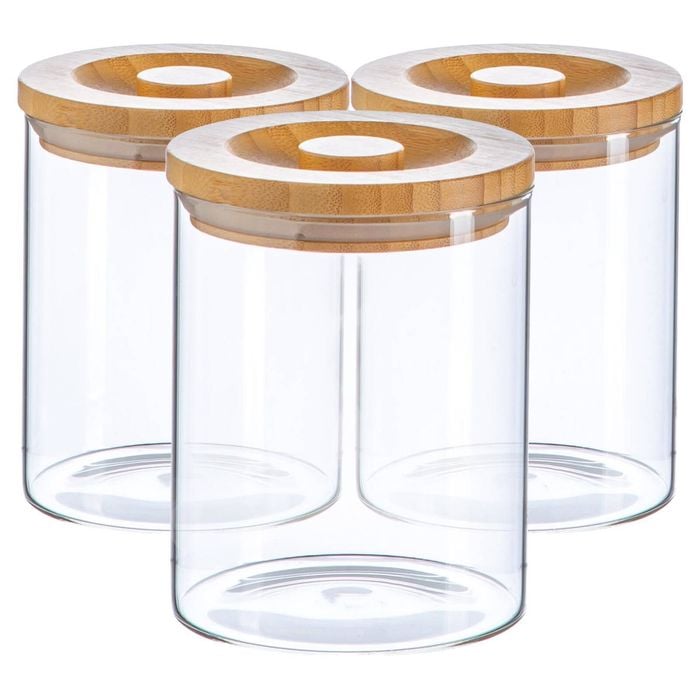 Argon Tableware Glass Storage Jars -wooden Lid - 750ml - Modern Round Scandi Organisation Container Glass Jar - Set Of 3