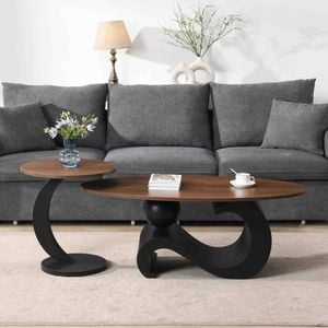 Homfurn Coffee Table Set Of 2, Modern Oval Coffee Table With Wave Base & Round End Table, Walnut Wood Grain Top & Black Frame
