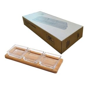 3pc NF Living Glass Serving Set Square Bowls Bamboo Tray 30x11cm Solid Clear
