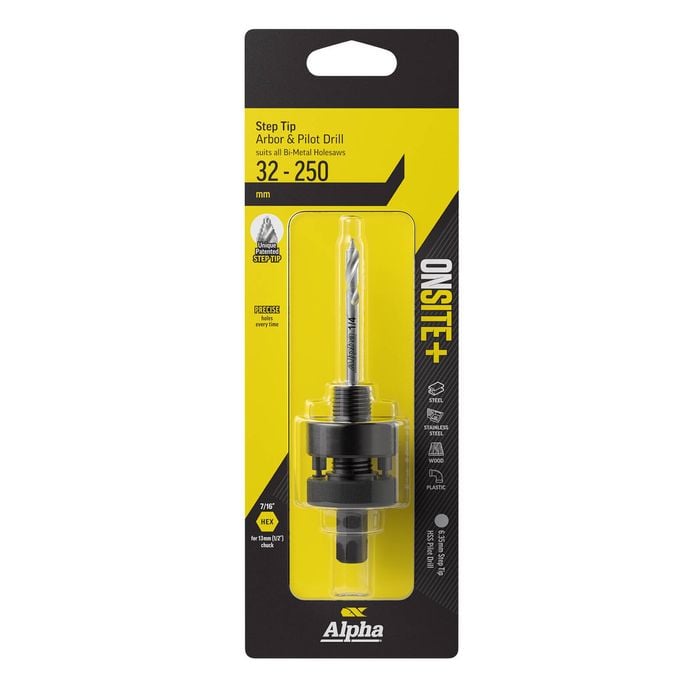 Alpha Onsite+ 32-250mm Step Tip Arbor & Pilot Drill to suit Bi-Metal Holesaws