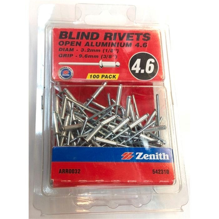 Zenith Blind Rivet Open Alum 1/8"D x 3/8"G 100pk