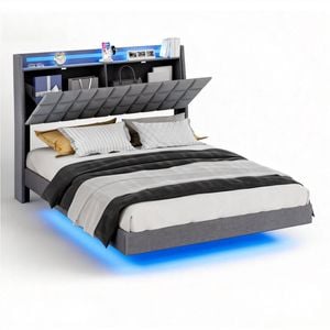 Advwin Queen Floating Bed Frame with LED Lights and Storage Headboard Dark Grey